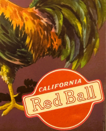Vintage California Red Ball orange crate label with red and cream design, sunflower illustration above, against purple backgr