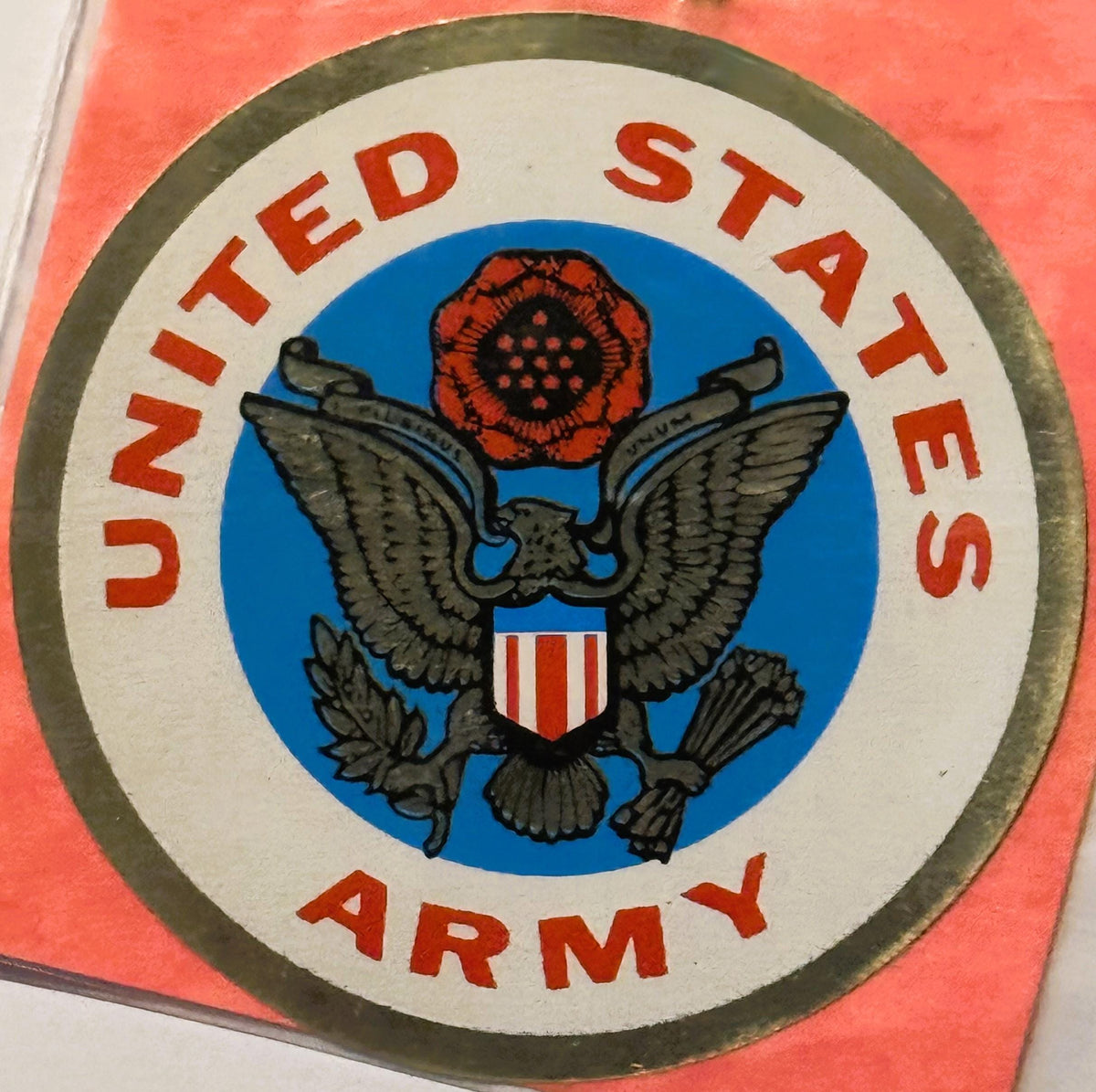 Circular United States Army decal featuring an eagle with shield on blue background, surrounded by red text on white border, 