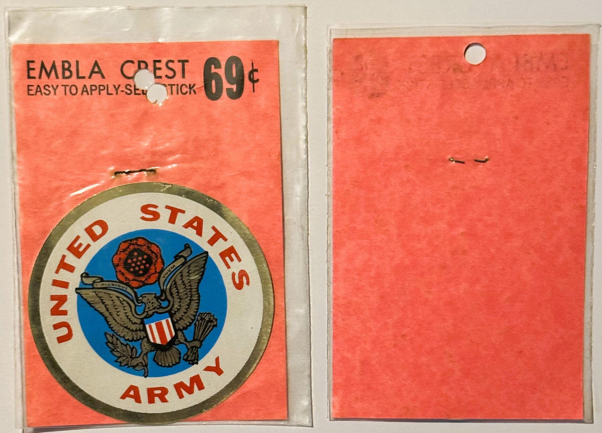 Vintage United States Army emblem decal with eagle and shield on orange backing, priced at 69 cents, shown front and back in 