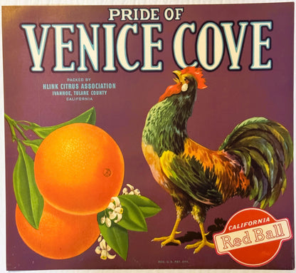 Vintage citrus crate label with purple background, colorful rooster, orange fruit with blossoms, and "Pride of Venice Cove" t