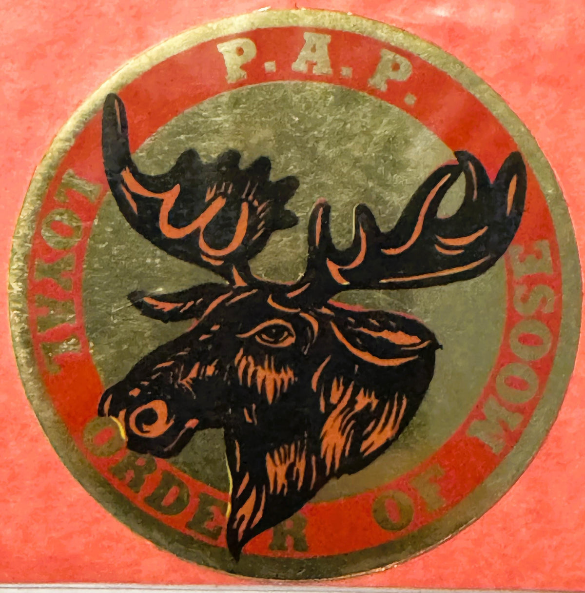 Circular emblem with black moose head outlined in orange on gray center, surrounded by red band with "R.A.P." at top and "LOY