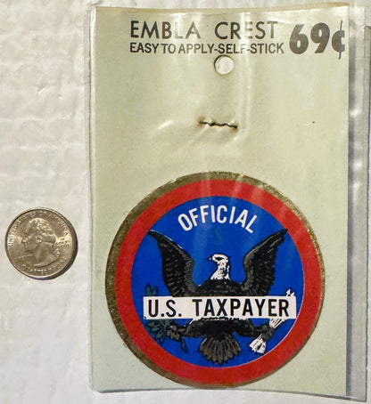 Vintage self-stick emblem crest decal priced at 69 cents, featuring black eagle on blue circle with red border labeled "Offic