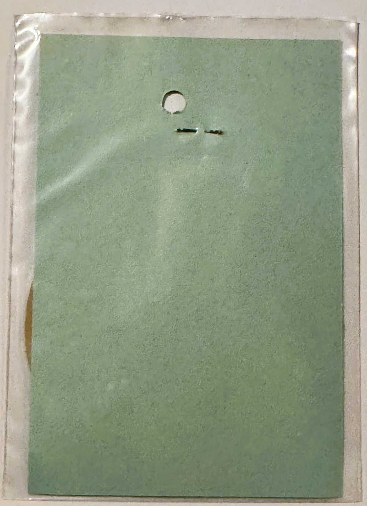 Mint green vintage decal sheet in clear plastic sleeve with circular hole punch and two small dashes visible near top center
