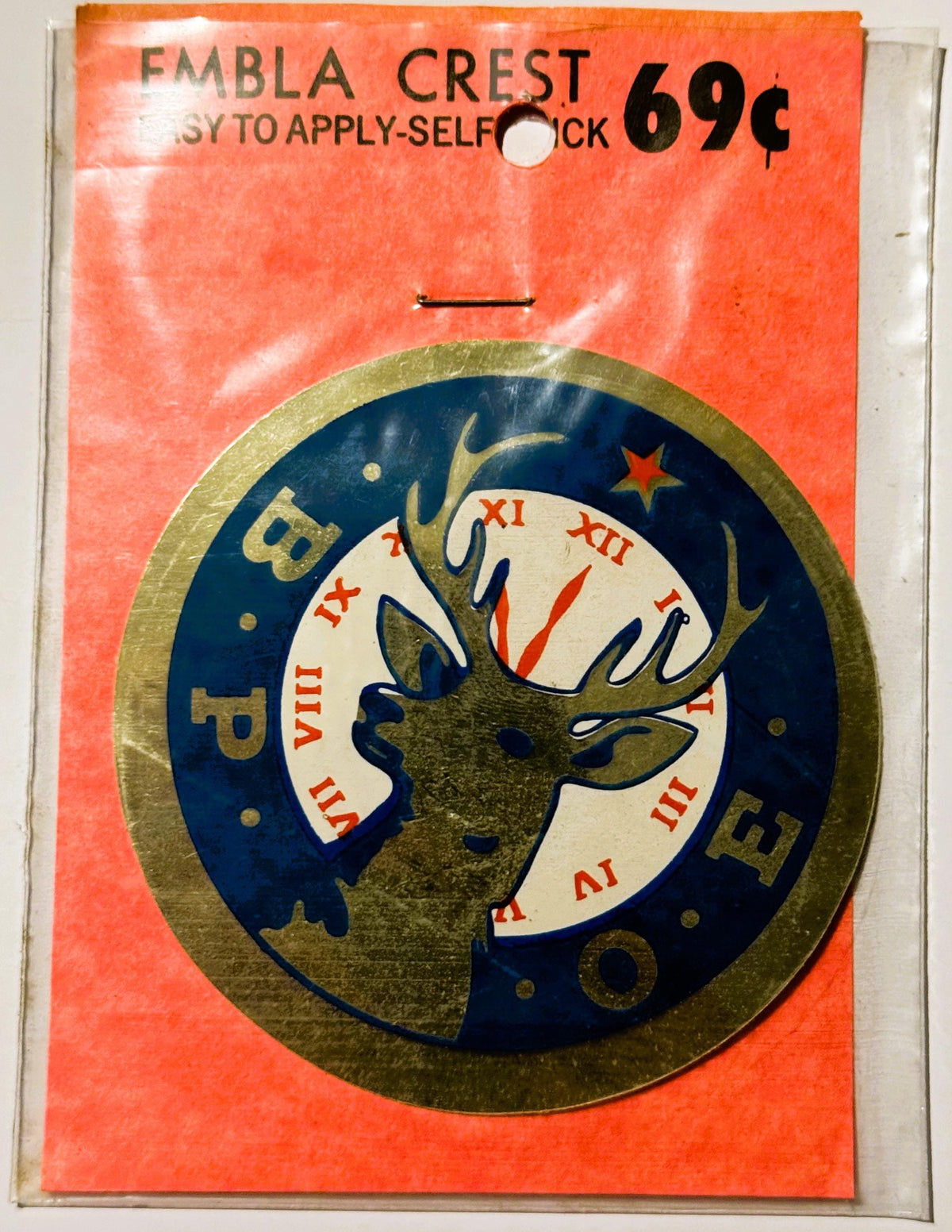Vintage BPOE Elks decal on orange backing with blue circular emblem featuring gold deer head, roman numerals, and text, price