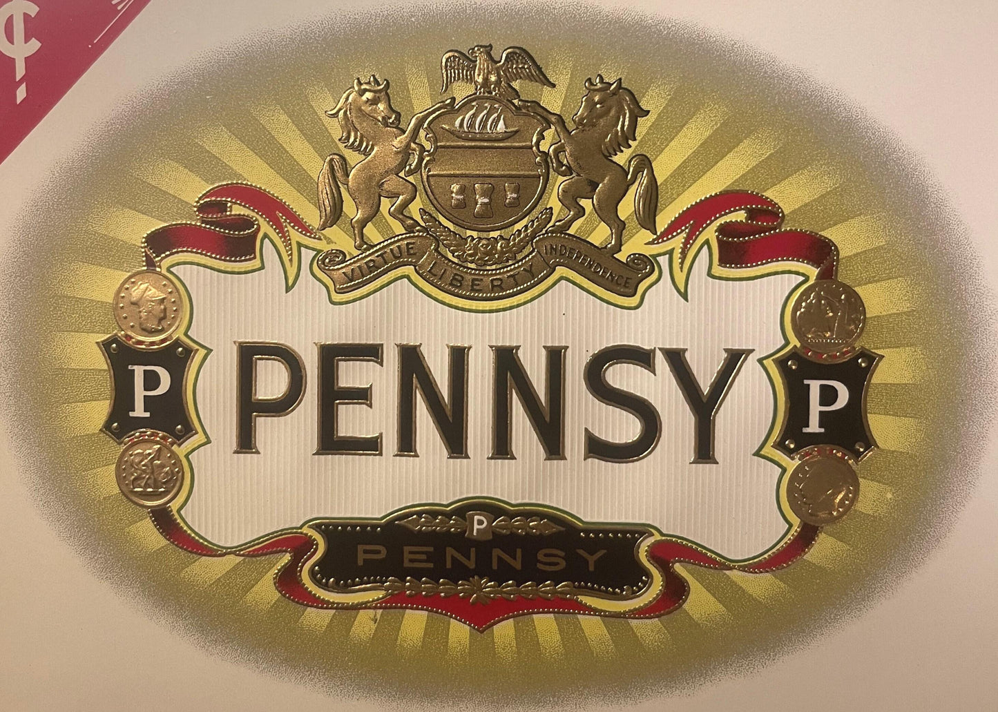Gold embossed cigar label with "PENNSY" in large letters, ornate heraldic crest, ribbons, and coins, on cream background