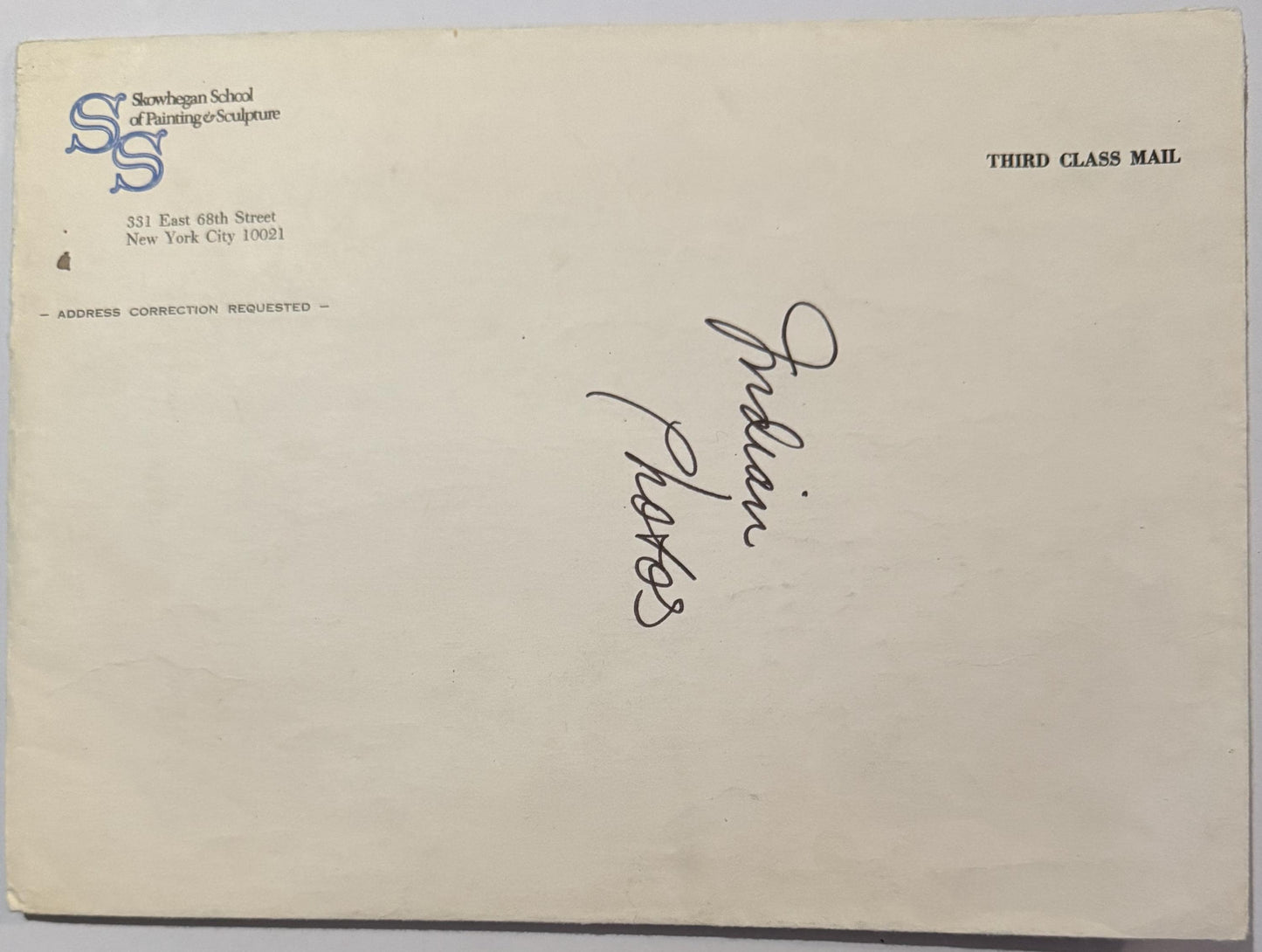 Back of vintage envelope from Showhegan School of Painting & Sculpture with handwritten notation and "Address Correction Requ