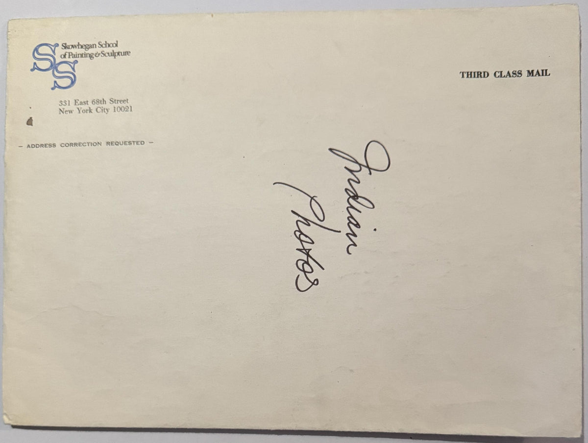 Back of vintage envelope from Showhegan School of Painting & Sculpture with handwritten notation and "Address Correction Requ