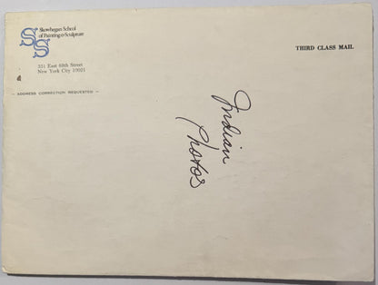 Back of vintage envelope from Showhegan School of Painting & Sculpture with handwritten notation and "Address Correction Requ