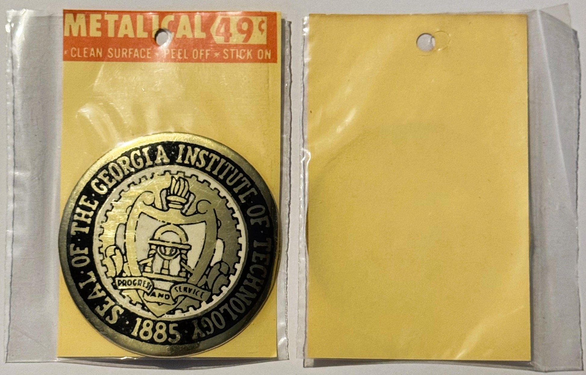 Vintage metallic decal with Georgia Tech seal in original packaging, front and back views shown, priced at 49 cents