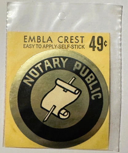 Vintage self-stick Notary Public emblem crest decal in original packaging, priced 49 cents, featuring a scroll icon on yellow