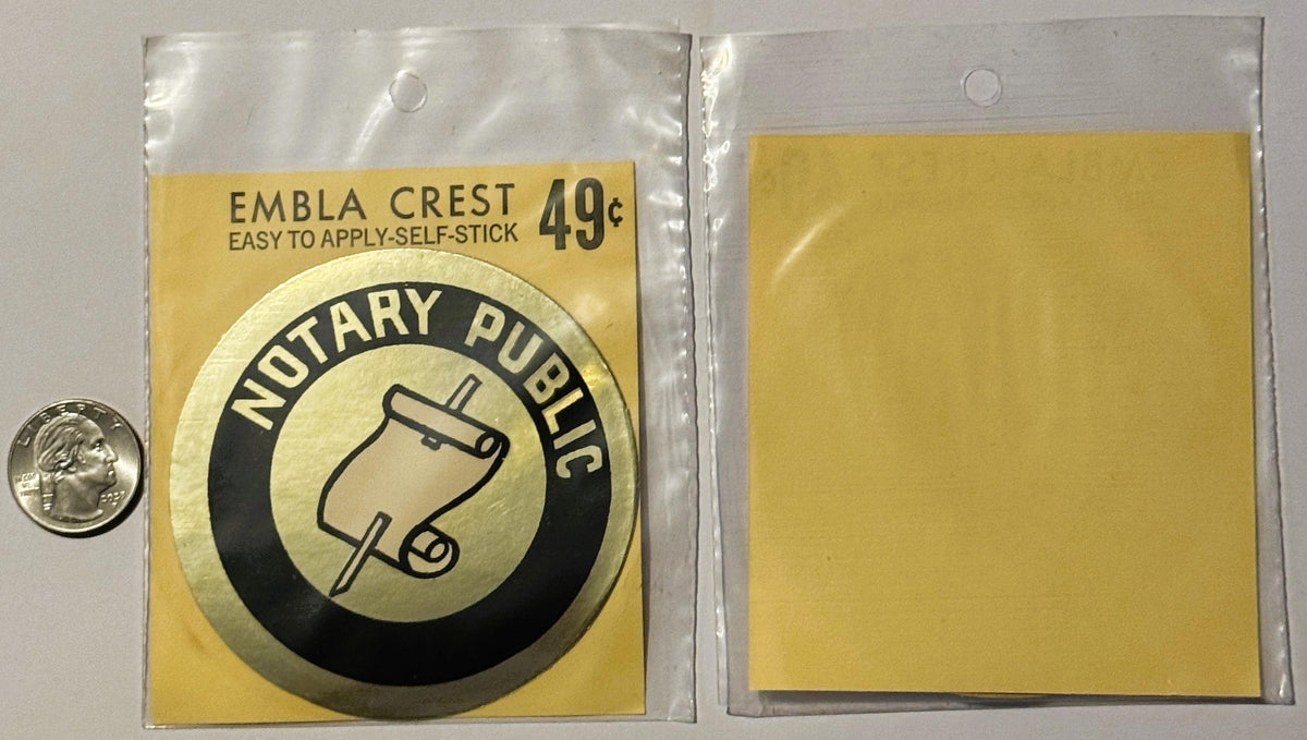 Vintage notary public emblem decal in clear plastic packaging priced 49¢, shown front and back with quarter for scale