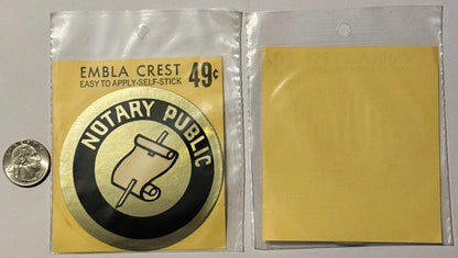 Vintage notary public emblem decal in clear plastic packaging priced 49¢, shown front and back with quarter for scale