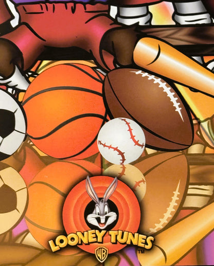 Colorful 1990s Looney Tunes sports poster featuring Bugs Bunny logo surrounded by basketballs, footballs, baseballs, and base