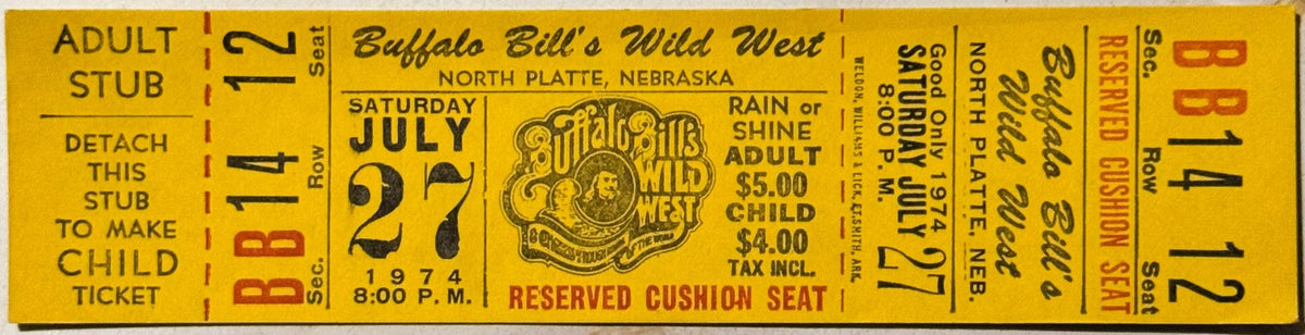 Yellow vintage ticket stub for Buffalo Bill's Wild West show, July 27, 1974, North Platte Nebraska, with red and black