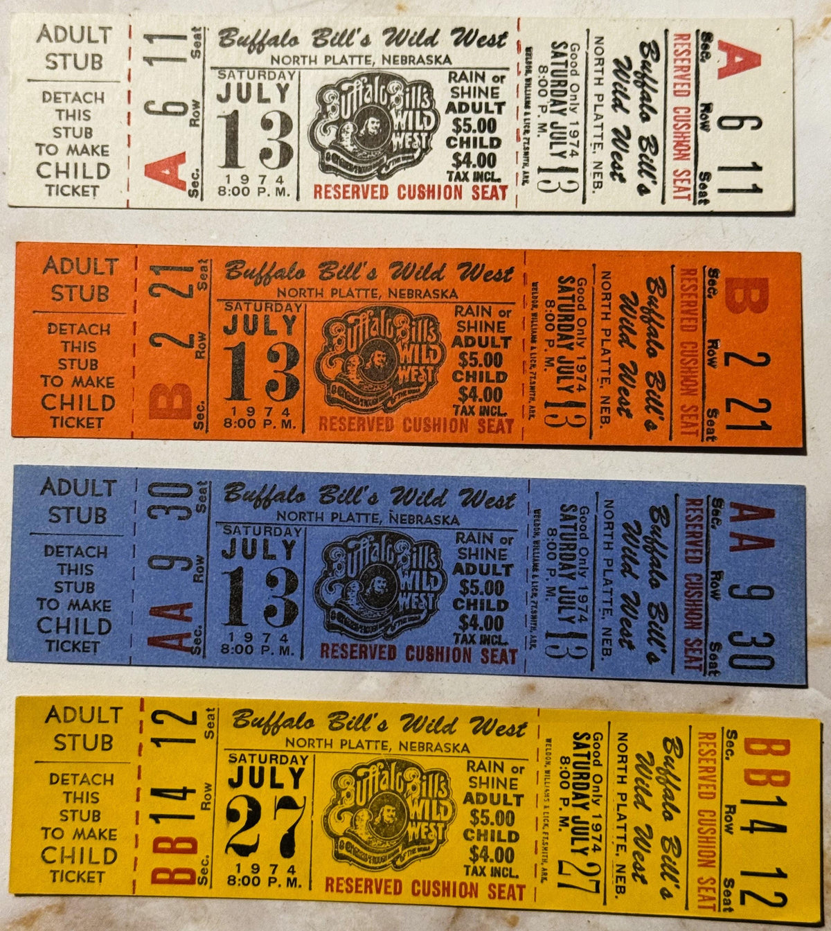 Four vintage ticket stubs from Buffalo Bill's Wild West show in North Platte, Nebraska dated July 1974, showing prices of $5.