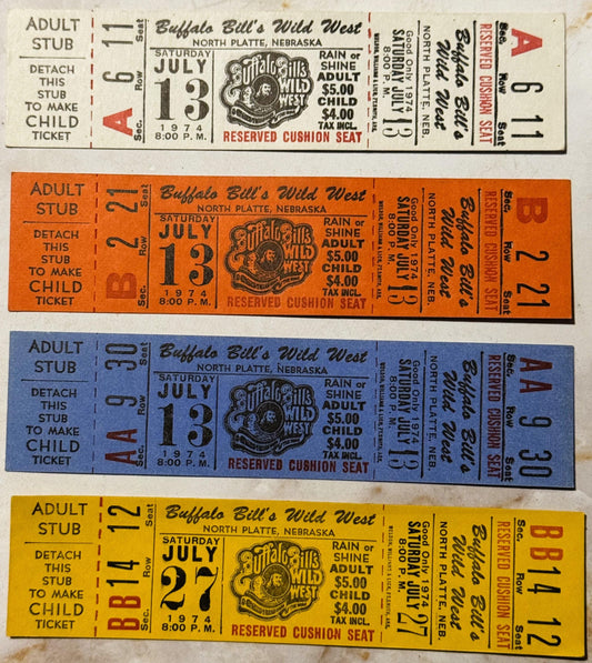 Vintage 1974 Buffalo Bill's Wild West Show Ticket Set 🎟️ North Platte Nebraska Reserved Cushion Seat Stubs Card