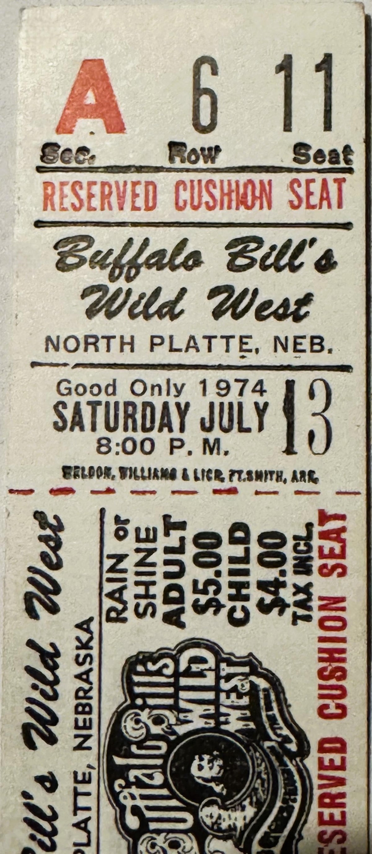 Vintage 1974 Buffalo Bill's Wild West Show reserved cushion seat ticket for North Platte, Nebraska, dated July 13 at 8:00 P.M