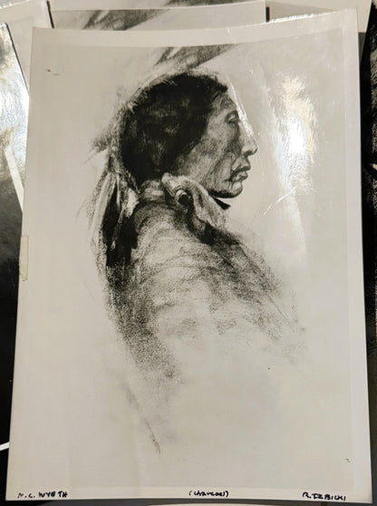 Charcoal portrait print of a Native American man in profile facing right, wearing long hair tied back and a collared shirt, o
