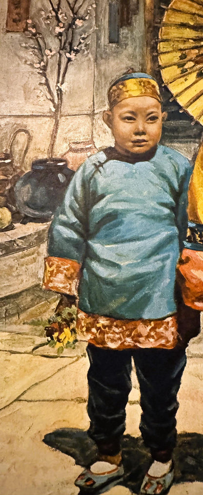 Antique color print depicting a young Asian child in blue tunic and gold headband standing on a street with decorated umbrell
