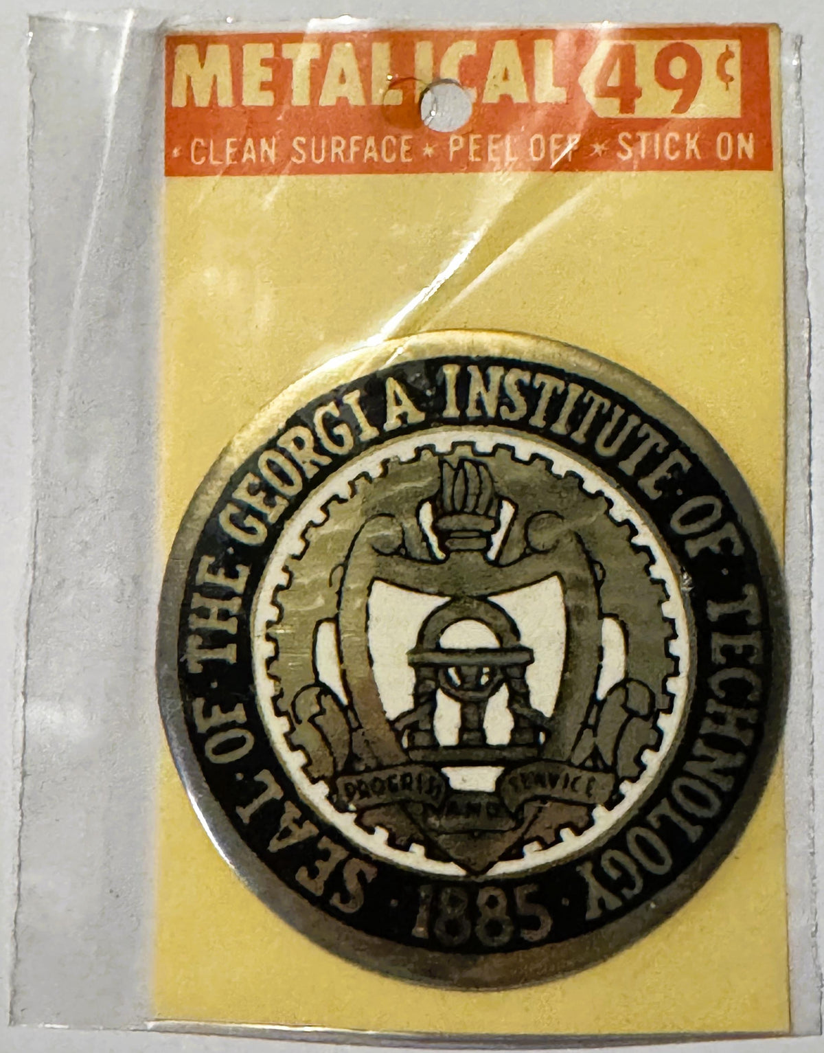 Vintage metallic Georgia Tech decal on yellow backing with orange header reading "Metallic 49¢" and peel-off instructions, sh