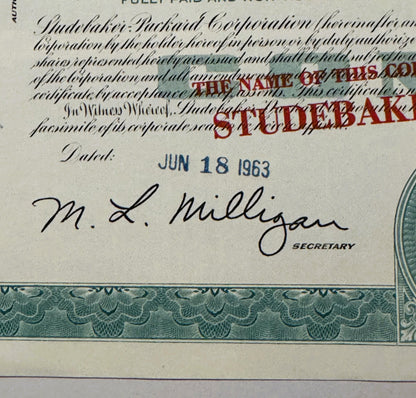 Vintage 1960s 💚 Studebaker‑Packard Stock Certificate – Teal Auto History