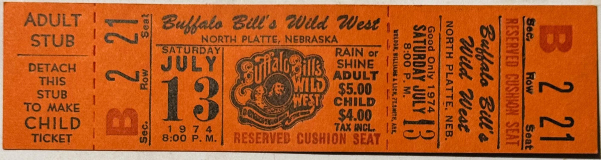 Vintage orange ticket stub from Buffalo Bill's Wild West show, July 13, 1974, North Platte Nebraska, printed with adult and c