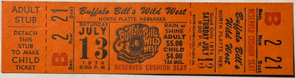 Vintage orange ticket stub from Buffalo Bill's Wild West show, July 13, 1974, North Platte Nebraska, printed with adult and c