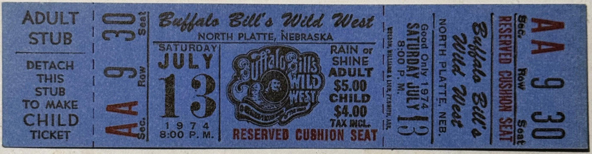 Blue ticket stub for Buffalo Bill's Wild West show July 13, 1974, North Platte Nebraska, with pricing and reserved