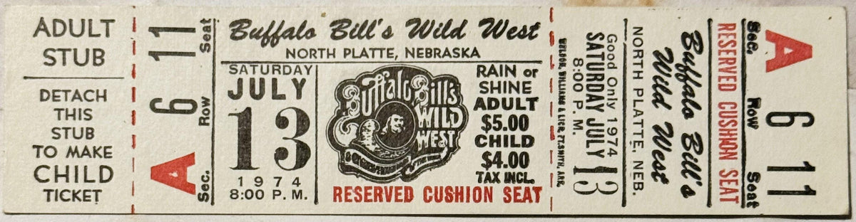 Vintage 1974 Buffalo Bill's Wild West show ticket stub for North Platte, Nebraska, July 13, with red and black printing