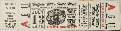 Vintage 1974 Buffalo Bill's Wild West show ticket stub for North Platte, Nebraska, July 13, with red and black printing