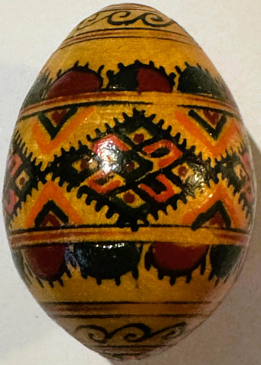 Vintage Hand Painted Wooden Egg ✨ Hutsul Style Folk Art, Geometric Pysanka-Style Decoration, Lacquered Wood Egg, Cross in Circle Base