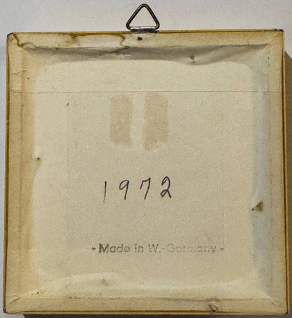 Back of the frame: cream paper backing printed "- Made in W.-Germany -" with "1972" handwritten in ink, and a triangular metal hanger.