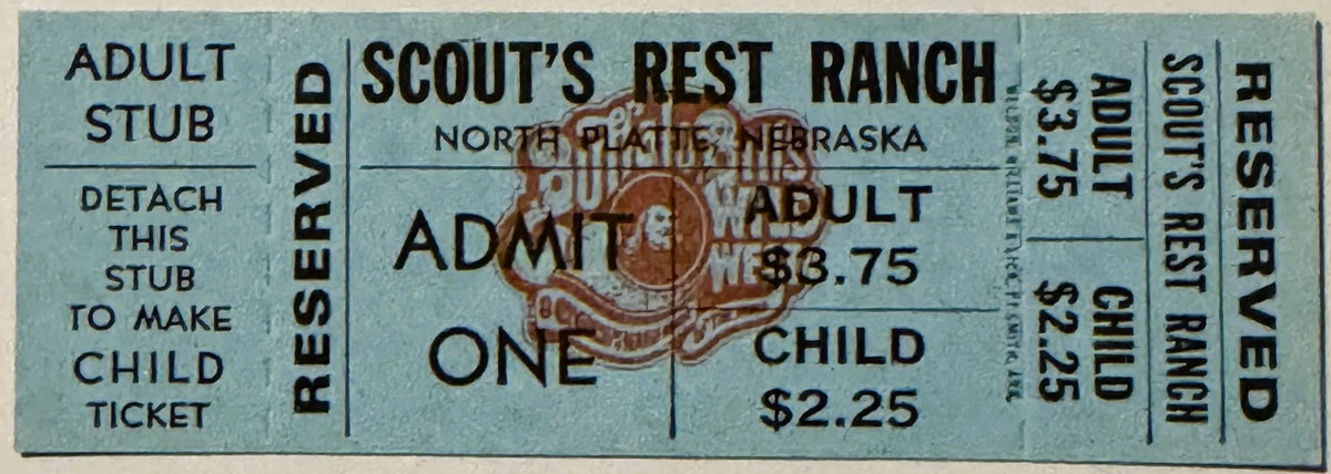 Vintage ticket stub set for Scout's Rest Ranch in North Platte, Nebraska showing adult admission $3.75 and child admission $2