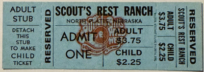 Vintage ticket stub set for Scout's Rest Ranch in North Platte, Nebraska showing adult admission $3.75 and child admission $2