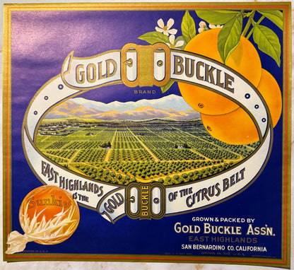 Vintage Gold Buckle Sunkist orange crate label featuring purple background, buckle design, orchard landscape, and orange frui