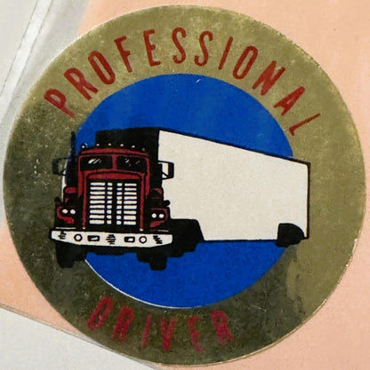 Circular vintage decal with olive-green border, blue center, red semi truck illustration, and red text reading "PROFESSIONAL 
