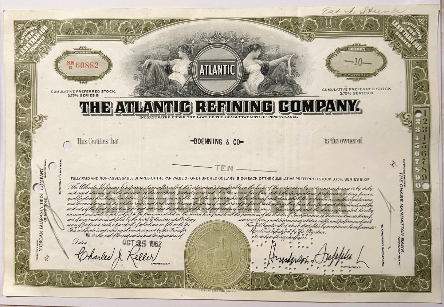 Ornate stock certificate for The Atlantic Refining Company, wi