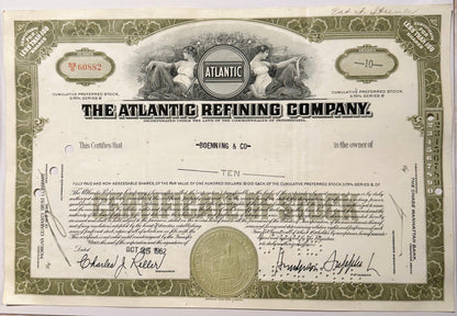 Ornate stock certificate for The Atlantic Refining Company, wi