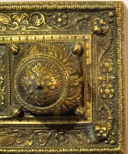 Ornate antique brass plate from late 19th Century double inkwell desk accessory