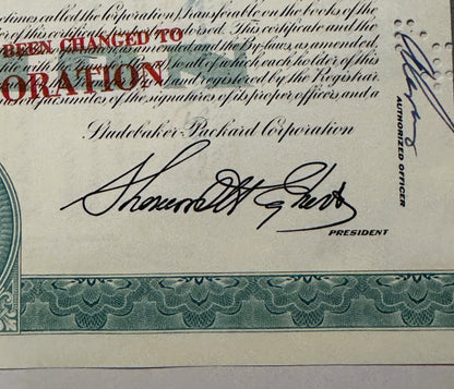 Vintage 1960s 💚 Studebaker‑Packard Stock Certificate – Teal Auto History