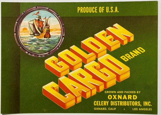 Vintage 1970s Golden Cargo Celery Crate Label 🚢 Oxnard, Los Angeles CA, Nautical Ship Design