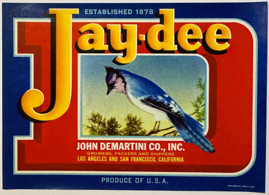 Vintage 1950s Jay-Dee Crate Label 🍎 Los Angeles, San Francisco, CA, Bluejay Bird!
