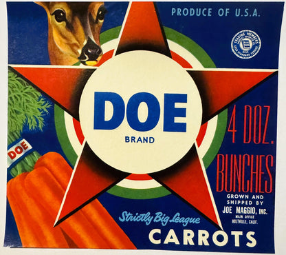 Vintage 1950s Doe Brand Carrots Crate Label 🥕 — Joe Maggio, Inc., Holtville CA — Produce Reporter Blue Book Emblem