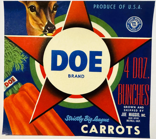 Vintage 1950s Doe Brand Carrots Crate Label 🥕 — Joe Maggio, Inc., Holtville CA — Produce Reporter Blue Book Emblem