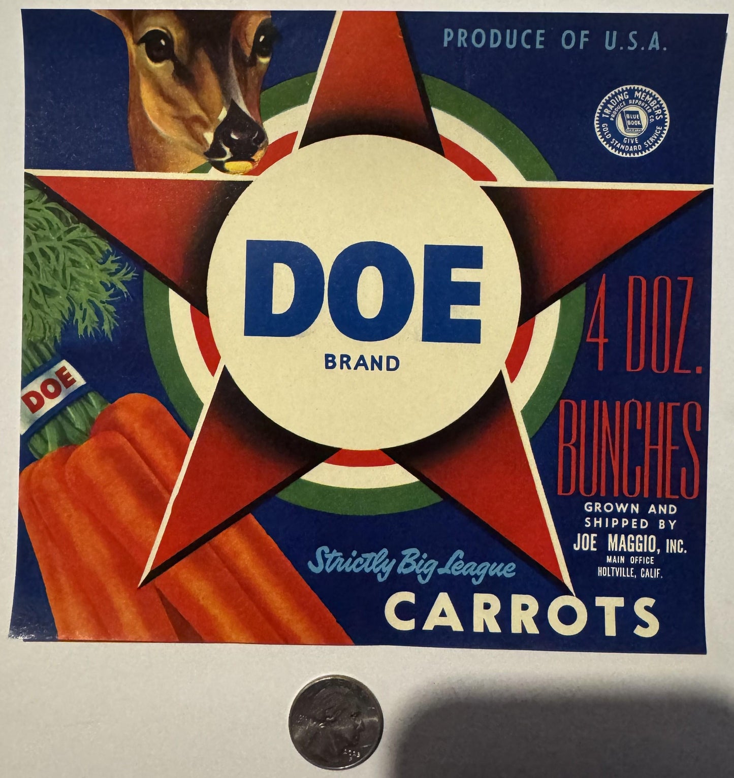 Vintage 1950s Doe Brand Carrots Crate Label 🥕 — Joe Maggio, Inc., Holtville CA — Produce Reporter Blue Book Emblem