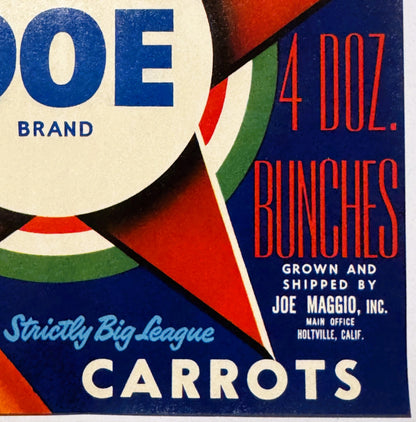 Vintage 1950s Doe Brand Carrots Crate Label 🥕 — Joe Maggio, Inc., Holtville CA — Produce Reporter Blue Book Emblem