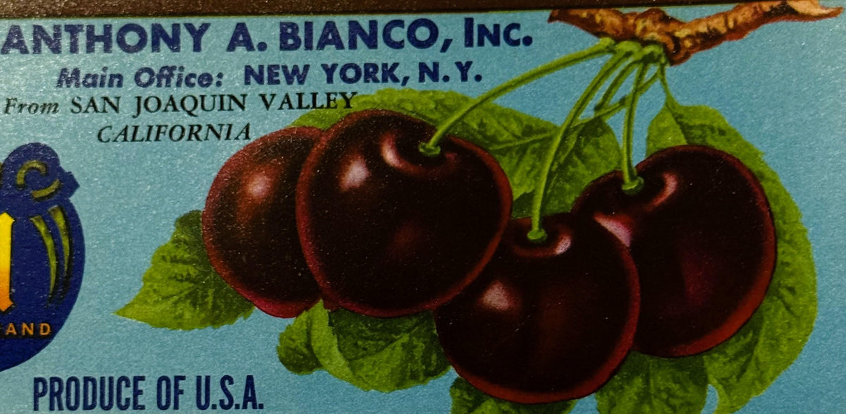 Vintage fruit crate label featuring dark red cherries with green leaves on light blue background, text reads "Anthony A. Bian