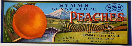 Vintage 1950s Symms Sunny Slope SSS Brand Peaches Crate Label — Symms Fruit Ranch, Caldwell Idaho