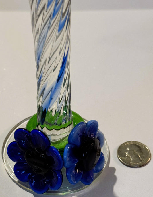 Vintage Blue Art Glass Candlesticks ✨ Murano-Style Twisted Latticino Stem Pair, Applied Cobalt Flowers, Venetian Decor