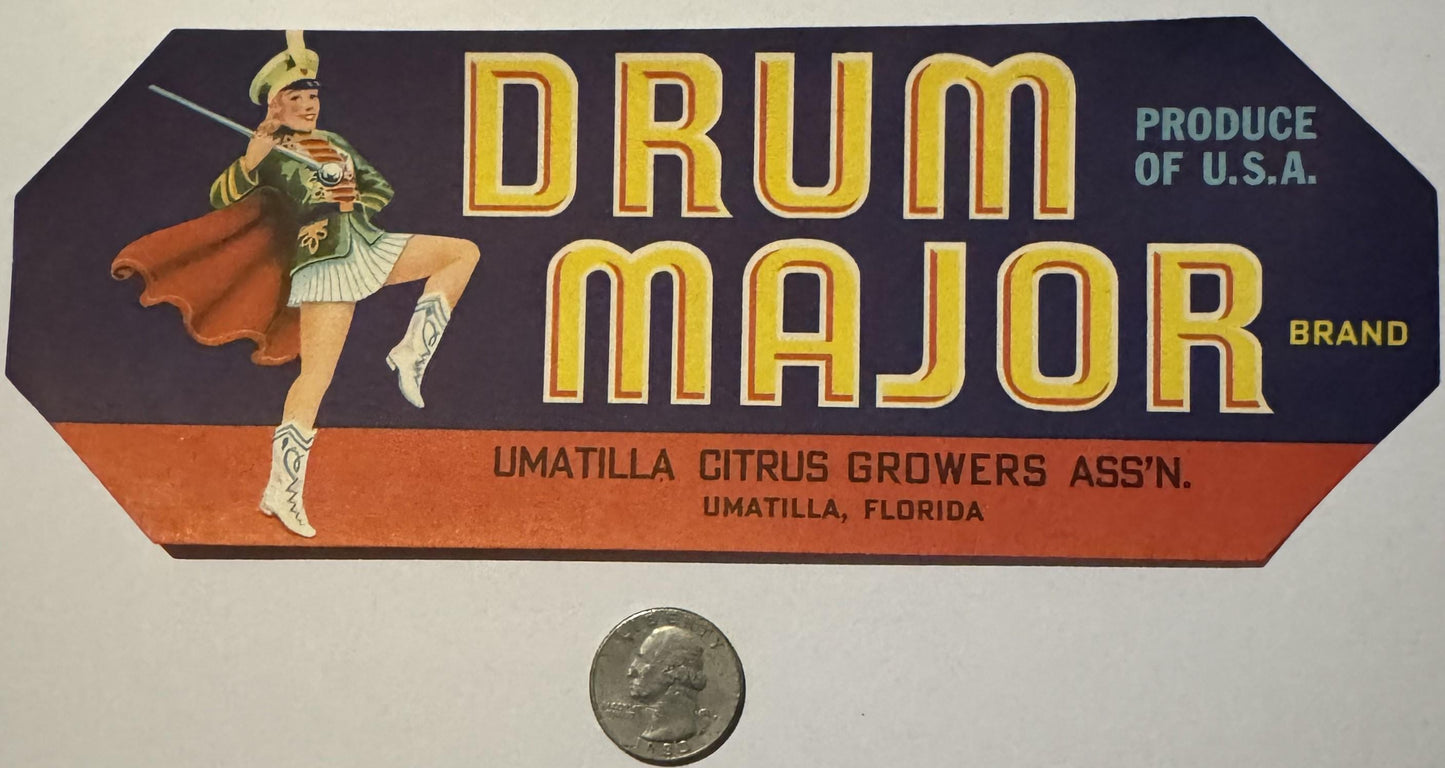 Antique 1930s Drum Major Brand Crate Label — Umatilla Citrus Growers Ass'n, Umatilla, Florida